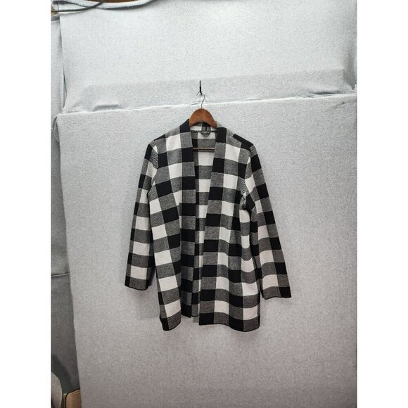 Talbots Womens Black & White Plaid Open Front Cardigan Sweater L - Picture 1 of 4